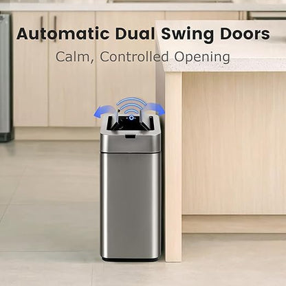 SYNCVIBE Sensor Trash Can with Butterfly Lid 2.6 Gallon Rectangular Automatic Garbage Can, Stainless Steel Trash Bin, Slim Waterproof Wastebaskets with Lid Soft Close for Under Counter, Silver