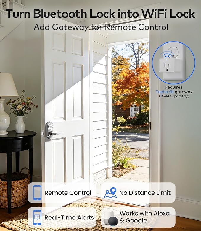 TEEHO TE019 Smart Keypad Door Lock with Handle, App Control, Keyless Entry Electronic Lock, Remote One-Time Codes, Auto Lock, Passage Mode, for Bedroom, Interior Door & Rental, Satin Nickel