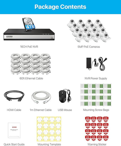 ZOSI 16Channel 4K POE Security Camera System, 16 x 5MP CCTV Metal Dome Camera Outdoor Indoor, 80FT Night Vision, Motion Alert, H.265+ 8MP 16CH NVR with 4TB HDD for Home Business 24/7 Recording