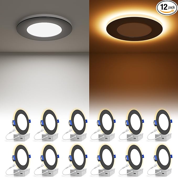 VOLISUN 12 Pack 4 Inch Black Recessed Light with Night Light, Canless LED Recessed Lighting 4 inch, 2700K-5000K Selectable, 9.5W=80W,810LM Soffit Lighting Outdoor Recessed Lights, ETL Certificated