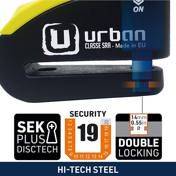 URBAN 999 Approved Motorcycle Disc Lock with Smart Alarm | 120dB, LED, Warning, A+ Sensitivity, X2 ON | SRA & Sold Secure Gold Tested Anti-Theft for Motorbike | 14mm Double Locking, Hardened Steel