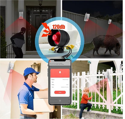 WiFi Alarm Security System, 120dB Home Alarm System with Free Notification APP Control and Motion Sensor and, WiFi Siren for Shed Garage Alarm