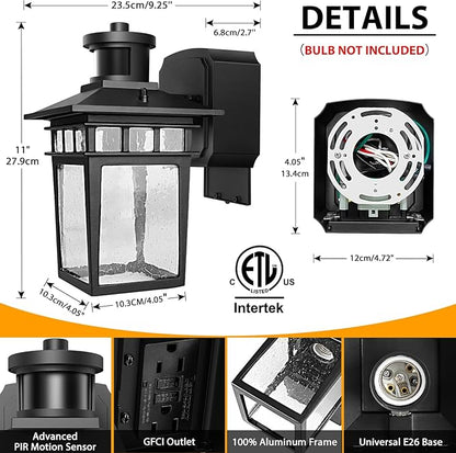 2 Pack Porch Light with GFCI Outlet, Black Dusk to Dawn Motion Sensor Outdoor Lights, 3-Mode Wall Exterior Lighting Fixture, Waterproof Outside Lights Sconce for House Front Door Patio Garage
