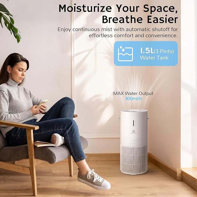 Airthereal 2-in-1 Air Purifier & Humidifier Combo for Large Room up to 1325 ft², 3-Stage Filters, Air Quality Monitor and Quiet Sleep Mode, Evaporative Humidifier with Hygrometer, iF Design Award 2026