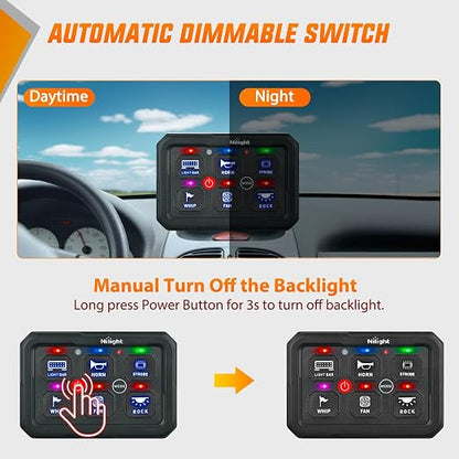 Nilight 6 Gang Switch Panel Green 12V 60A Circuit Control System 4-Mode | Fuse Wiring Harness Automatic Dimmable LED Pod Toggle/Momentary/Strobe/Flash Modes for Car Pickup Truck Camper SUV