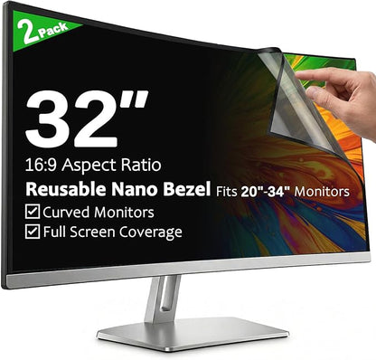 [2-Pack] 32 Inch Reusable Nano Bezel Anti-Glare Computer Privacy Screen for Monitor, 16:9 Aspect Ratio, Residue-Free Removable Anti-Spy Filter, Eye Protection Anti-Blue Light Desktop Security Shield