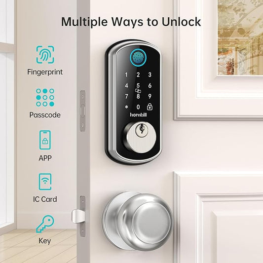 WiFi Smart Door Lock：Hornbill keyless Entry Door Lock with Handle,Fingerprint Smart Lock with 2 Knobs, Alexa Bluetooth Remote APP Control,Auto Locking for Home Hotel,Satin Nickel