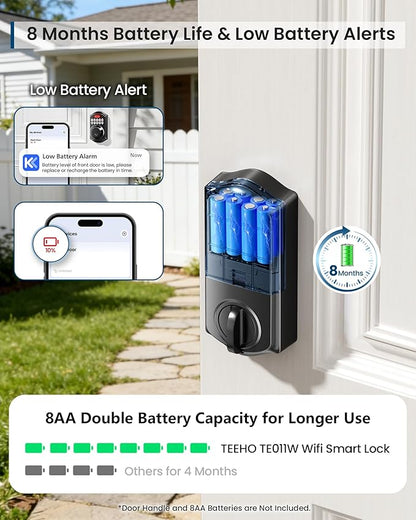 TEEHO TE011W Wi-Fi Keyless Entry Door Lock with Keypad - Smart Deadbolt Lock for Front Door with 2 Keys - Remote Control, Works with Alexa & Google, APP Unlock - Easy Installation - Matte Black