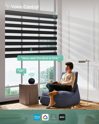 Yoolax Motorized Zebra Blinds Compatible with Alexa, Smart Dual Layer Shades with Privacy Light Control, Electric Horizontal Window Blind Customized Size for Home Office (70% Shading Wool Black)