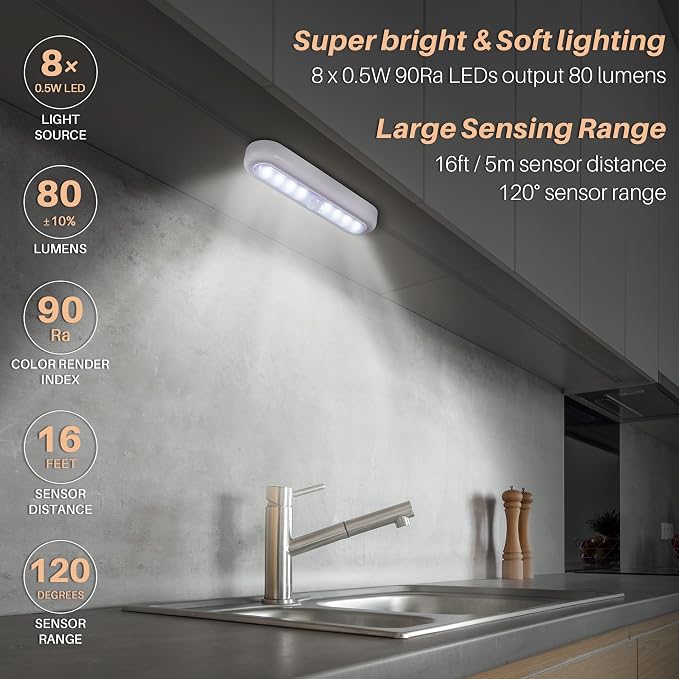 STAR-SPANGLED 9 Pack 7” Motion Sensor Lights Indoor Battery Operated, Stick on LED Light for Closet, Stairs, Under Cabinet, Cool White