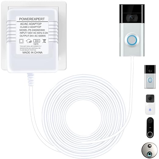 Doorbell Transformer, AC 24 Volt Transformer for Ring C Wire Adapter Thermostat Cord Compatible with Ring Doorbell, Wyze, Nest Ecobee, Honeywell, Eufy and Nest Hello Video Doorbells, White