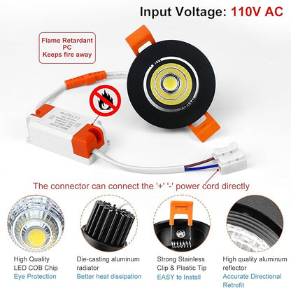 inShareplus 2 Inch LED Downlight, 3W Recessed Lighting 220LM COB Dimmable, 5000K Daylight White, CRI80, Black Trim, Ceiling Lights with LED Driver, 20 Pack