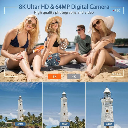 8K Digital Cameras for Photography, WiFi 64MP Vlogging Camera for YouTube, 4" Touch Screen Digital Camera with Dual Lens, Auto Focus, 16X Digital Zoom, 3000mAh Battery, 32GB Card, Black