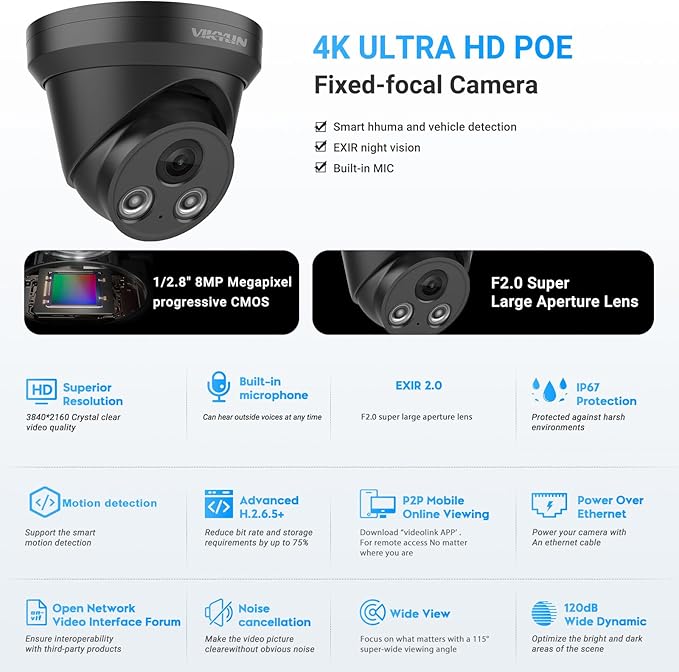 VIKYLIN 4K 8MP IP PoE AI Camera(Black),Security IP Turret Camera with 98ft EXIR2.0 Night Vision,Built-in Mic,Human/Vehicle Detection, 2.8mm Lens,H.265,IP67,NDAA Complaint