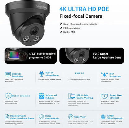 VIKYLIN 4K 8MP IP PoE AI Camera(Black),Security IP Turret Camera with 98ft EXIR2.0 Night Vision,Built-in Mic,Human/Vehicle Detection, 2.8mm Lens,H.265,IP67,NDAA Complaint