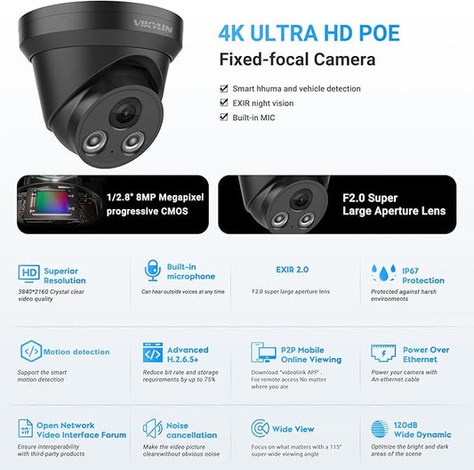 VIKYLIN 4K 8MP IP PoE AI Camera(Black),Security IP Turret Camera with 98ft EXIR2.0 Night Vision,Built-in Mic,Human/Vehicle Detection, 2.8mm Lens,H.265,IP67,NDAA Complaint