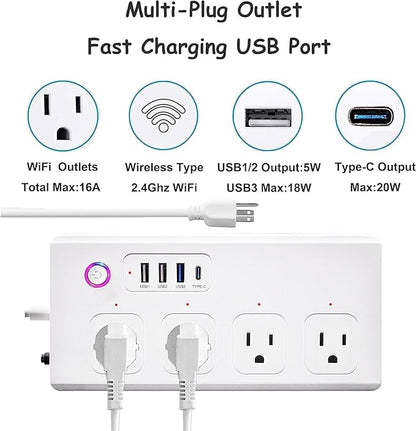 XENON Smart Plug Power Strip，Surge Protector with 4 Individually Controlled Smart Outlets, Voice Control,4 USBs (incl. 20W USB-C), Compatible with Alexa and Google Home,5Ft Extension Cord