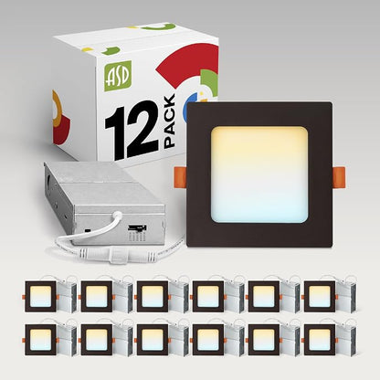 ASD 12 Pack LED Square Recessed Lighting 4 Inch, 5 CCT 2700K-5000K, 12W 50W Eqv, Ultra Thin Dimmable Ceiling Lights with J Box, Canless Wafer Downlight, Slim Panel, UL Energy Star, Oil-Rubbed Bronze