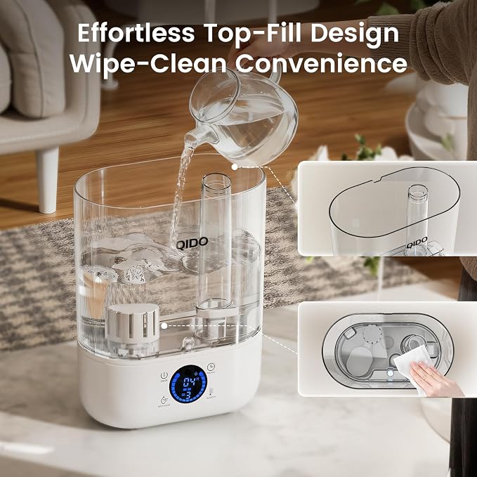 COMHOMA Humidifiers for Bedroom, 5L Top Fill for Large Room, 36H Runtime, 28 dB Quiet Cool Mist Air Humidifier for Baby Nursery, Plants, Indoor, APP/7-color Nightlight,Easy to Clean & Fill,Light White