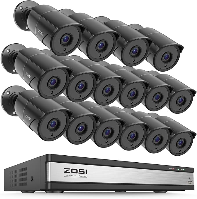 ZOSI 16CH 3K Lite Security Camera System with Audio, AI Human/Vehicle Detection, Night Vision, 16 x 1080P Metal Weatherproof Wired Cameras, 16 Channel Surveillance DVR for 24/7 Recording (NO HDD)