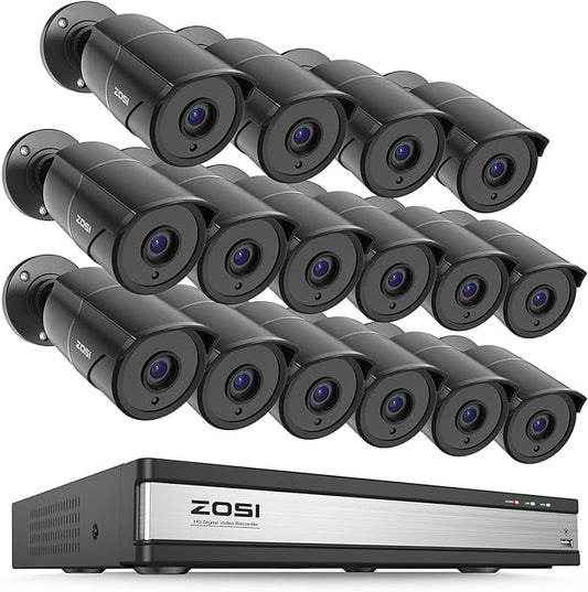 ZOSI 16CH 3K Lite Security Camera System with Audio, AI Human/Vehicle Detection, Night Vision, 16 x 1080P Metal Weatherproof Wired Cameras, 16 Channel Surveillance DVR for 24/7 Recording (NO HDD)