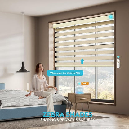 Motorized Zebra Blinds with Remote, Work with HomeKit Alexa, Smart Light Filtering Horizontal Automatic Electric Window Shades for Home Office Customsize(90% Blackout Wide Coffee)