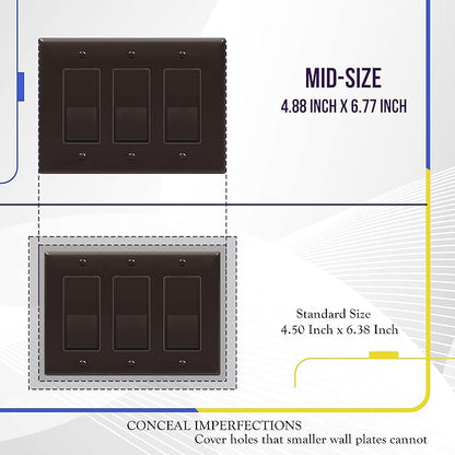 ENERLITES Triple Decorator Switch Cover, Three Gang Outlet Wall Plate, Gloss Finish, Mid-Size 3-Gang 4.88" x 6.77", Unbreakable Polycarbonate Thermoplastic, UL Listed, 8833M-BR, Brown