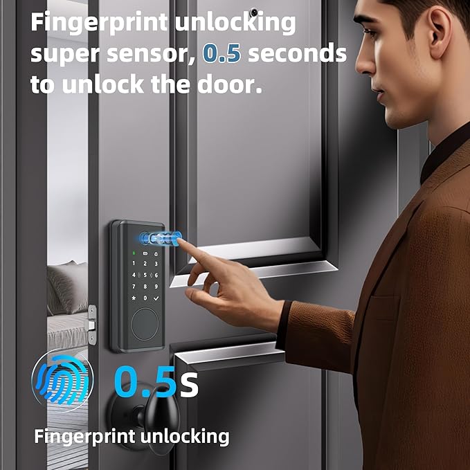 Smart Door Lock with Fingerprint & Keyless Entry, Tuya Smart Devices Compatible, Bluetooth Touchscreen Keypad, for Home Security & Smart House Automation, Easy Installation for Wood Doors