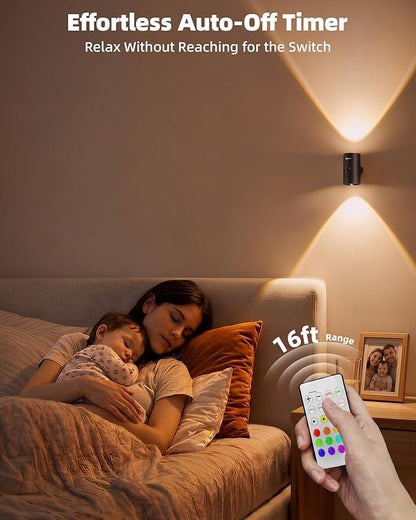 EZVALO Motion Sensor Wall Light, 4000mAh Rechargeable Battery Operated Wall Sconce, RGB & 3 Color Temps with Remote, Wireless Ambient Light for Living Room, Hallway, Apartment (2 Pack, Black)