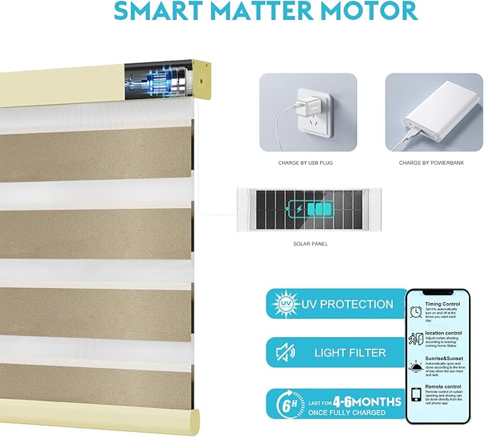 Motorized Zebra Blinds with Remote Smart Blind Work with Homekit Alexa SmartThings Electric Day and Night Shade Cordless Automatic Solar Powered Window Shade Customize(Starry Coffee)