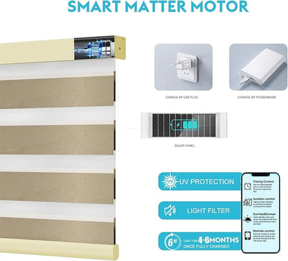 Motorized Zebra Blinds with Remote Smart Blind Work with Homekit Alexa SmartThings Electric Day and Night Shade Cordless Automatic Solar Powered Window Shade Customize(Starry Coffee)