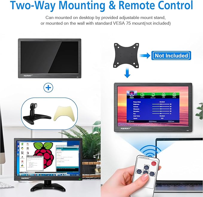 Haiway 15.6 Inch Small HDMI Monitor, 1366x768 Resolution Security CCTV Monitor with HDMI BNC VGA AV USB Ports, Built-in Speakers LED Monitors for PC, Laptop and Computer for Home Office Warehouse