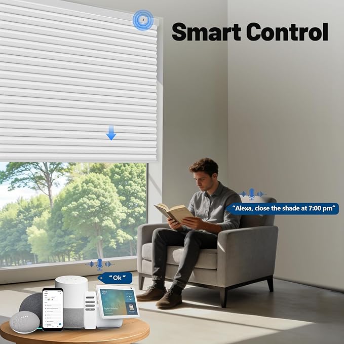 Motorized Cellular Shades with Remote, Smart Cellular Shades Compatible with Apple HomeKit, Alexa & Google Home, Cordless Honeycomb Window Blinds for Indoor Windows, Blackout Crisp White