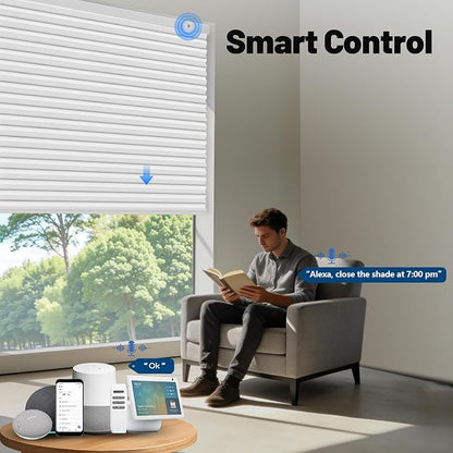 Motorized Cellular Shades with Remote, Smart Cellular Shades Compatible with Apple HomeKit, Alexa & Google Home, Cordless Honeycomb Window Blinds for Indoor Windows, Blackout Crisp White