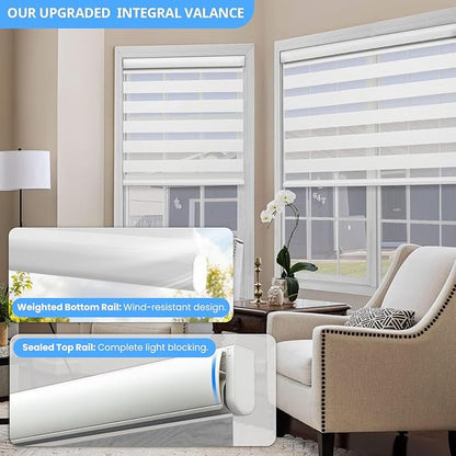 Motorized Zebra Blinds with Remote, Smart Dual Layer Automatic Shades with Privacy Light Control, Cordless Electric Blackout Blind for Indoor Windows, White, 35" W x 72" H