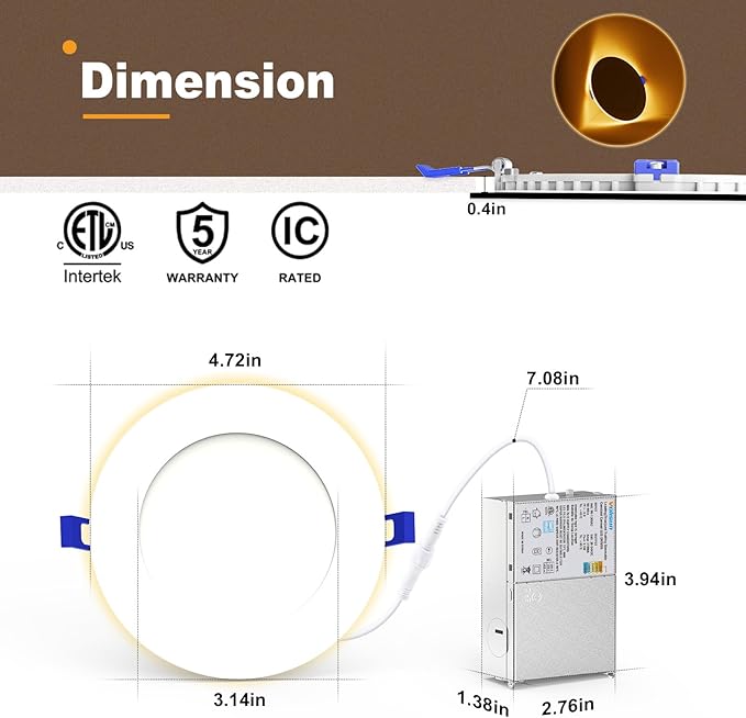 VOLISUN 12 Pack 4 Inch 5CCT Recessed Light with Night Light,Canless LED Recessed Lighting 4 inch,2700K-5000K Selectable,9.5W=80W,810LM Dimmable Recessed Ceiling Wafer Light,ETL Certificated