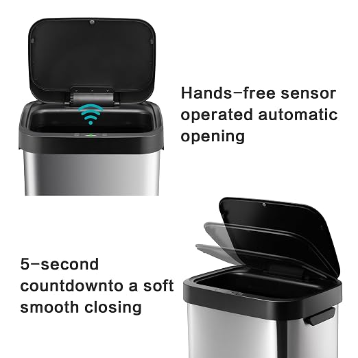 13 Gallon Trash Can, Touchless Stainless Steel Kitchen Bin (Silver)