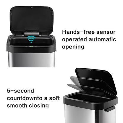 13 Gallon Trash Can, Touchless Stainless Steel Kitchen Bin (Silver)