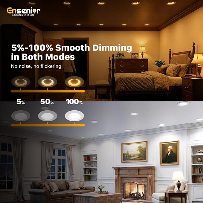 Ensenior 5/6 Inch 5CCT LED Can Lights with Night Light 6 Pack, Retrofit Led Recessed Lighting, Baffle Trim, Dimmable, 9W=110W, 1000LM