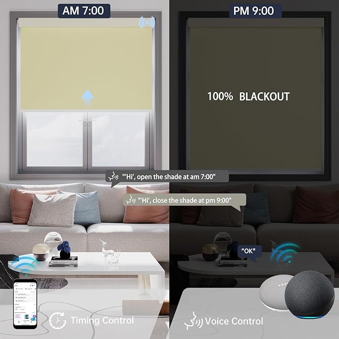 Motorized Blinds with Remote, Blackout Smart Blinds for Windows Automatic Roller Shades Compatible with Alexa, Motorized Shades Customized for Bedroom Home Office (Blackout-Vinyl Cream)