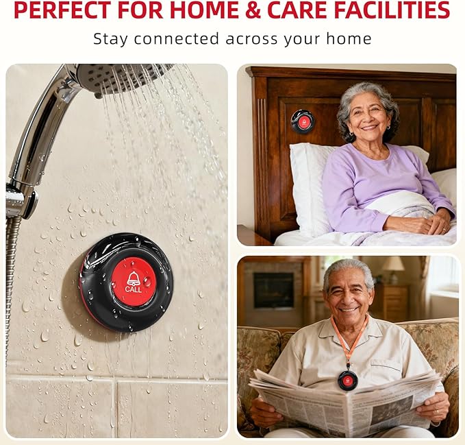 CallToU Caregiver Pager Wireless Call Bell Alert Button for Seniors/Elderly/Patients 2 Plugin Receiver 2 Waterproof Transmitter