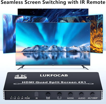 HDMI Multi-Viewer 4X1, Seamless Switcher 4 in 1 Out, Quad Multi Viewer Switcher with IR Remote, Supports 4K 30Hz, 5 Display Modes for Security Camera, Gaming Consoles
