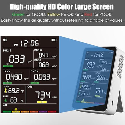 Professional Indoor Air Quality Monitor with AQI Alerts, Portable Real-Time Detector for Home, Car, Plants & Pets (Oyster White)