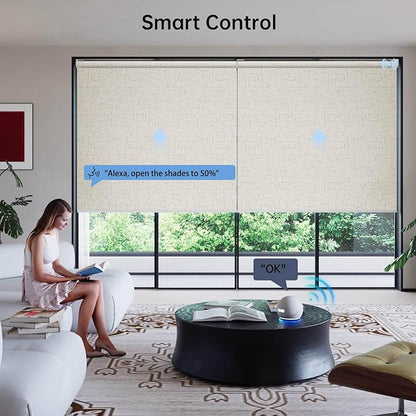 Motorized Coupled Shades, Blackout Smart Blinds for Large Windows Automatic Blinds Compatible with Alexa, Motorized Roller Shades Customized for Bedroom Home Office(Blackout-Linen Beige)