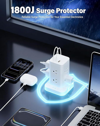Power Strip Tower with Surge Protector 1800J, Fast Charging Tower PD20W USB-C Ports with 8 AC Outlets, 10ft Extension Cord for Home Office Dorm Room, White