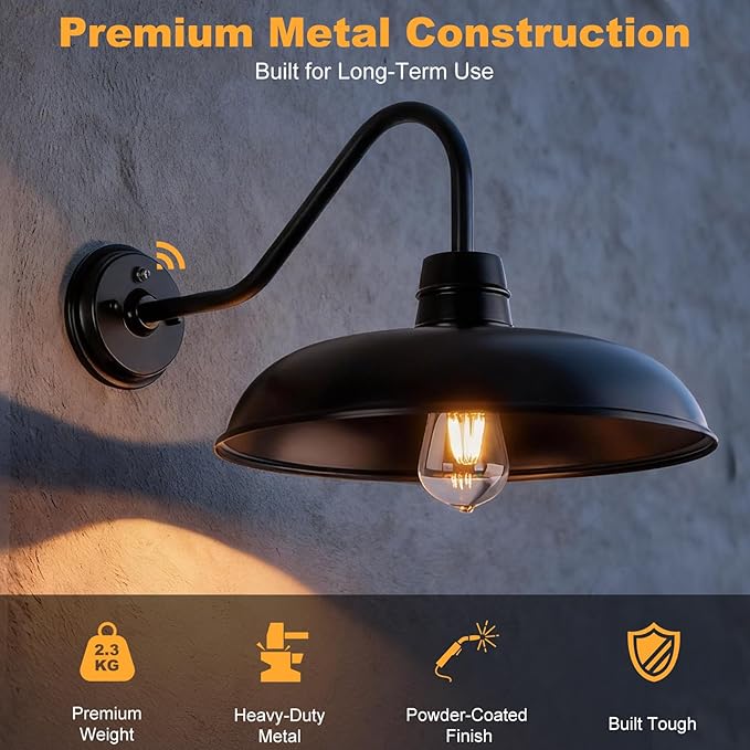 FILIYANO Large Dusk to Dawn Gooseneck Barn Light, 14 Inch 2-Pack Farmhouse Exterior Lighting Fixtures, Industrial Vintage Waterproof Stain Black Wall Mount Sconce for Cottage Garage Porch