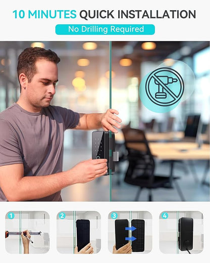 2026 No-Drill Smart Glass Lock for Frameless Doors,Auto-Reversal Keyless Entry Gate Locks with 5 Unlock Ways,Bluetooth App Control/Fingerprint/IC Card/Password/Keys,Home Office Business