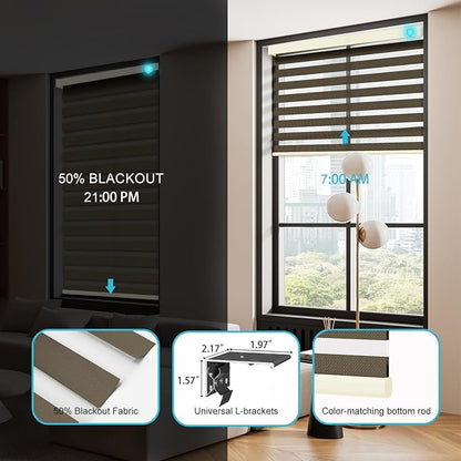 Motorized Zebra Blinds with Remote, Work with HomeKit Alexa, Smart Light Filtering Horizontal Automatic Electric Window Shades for Home Office Customsize(50% Blackout Drumbeat Brown)