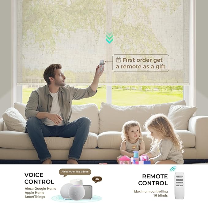 HeyBlinds Motorized Blinds with Remote, Smart Roller Shades with App & Voice Control, Work with Alexa Google HomeKit, Light Filtering Custom Window Shades for Living Room Office (Nature-Linen LF)