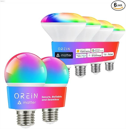 OREiN Matter Smart Light Bulbs 2Pack A19 with 4Pack BR30 Reliable WiFi Light Bulb with Matter LED Color Changing Light Bulbs CRI90 Compatible with Alexa GoogleHome AppleHome SmartThings Siri